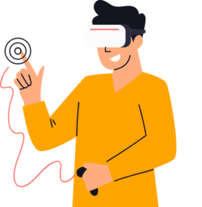 A man wearing a vr headset and holding a remote.